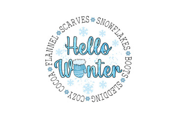 Hello winter text design with snowflakes isolated on transparent background for seasonal greetings