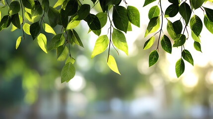 Lush green leaves hanging from branches with soft sunlight filtering through nature