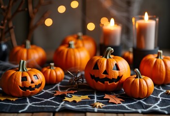 Obraz premium Halloween table setting with pumpkins and burning candles