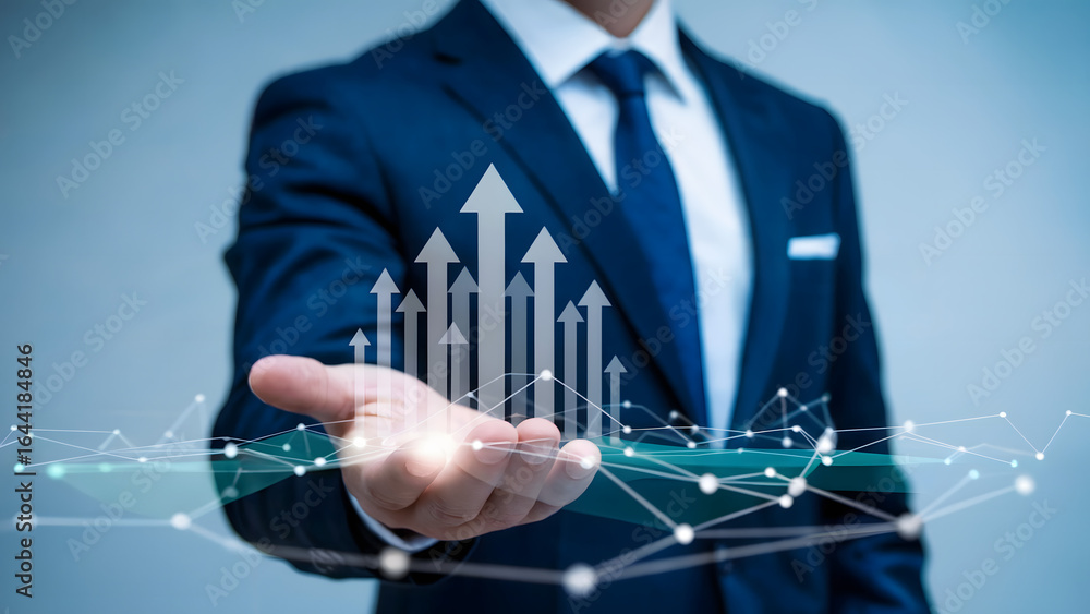 Aufkleber professional business concept image showing a businessman holding a rising arrow graph and a futuris