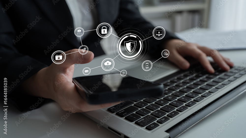 Poster cyber security protects against breaches, hacks, and network attacks using strong infrastructure and