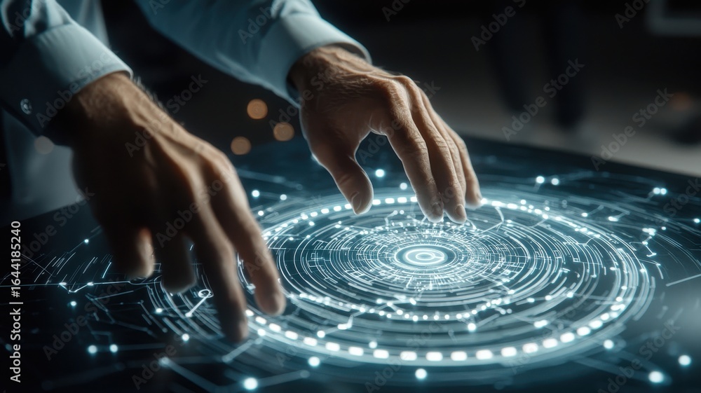 Aufkleber a close-up of hands interacting with a futuristic touchscreen display, showcasing intricate digital 