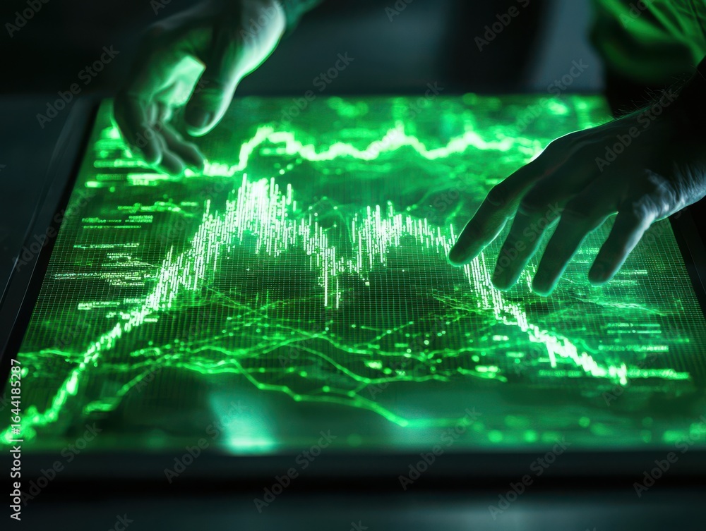 Aufkleber a pair of hands interacts with a glowing green digital display, showcasing complex data visualizatio