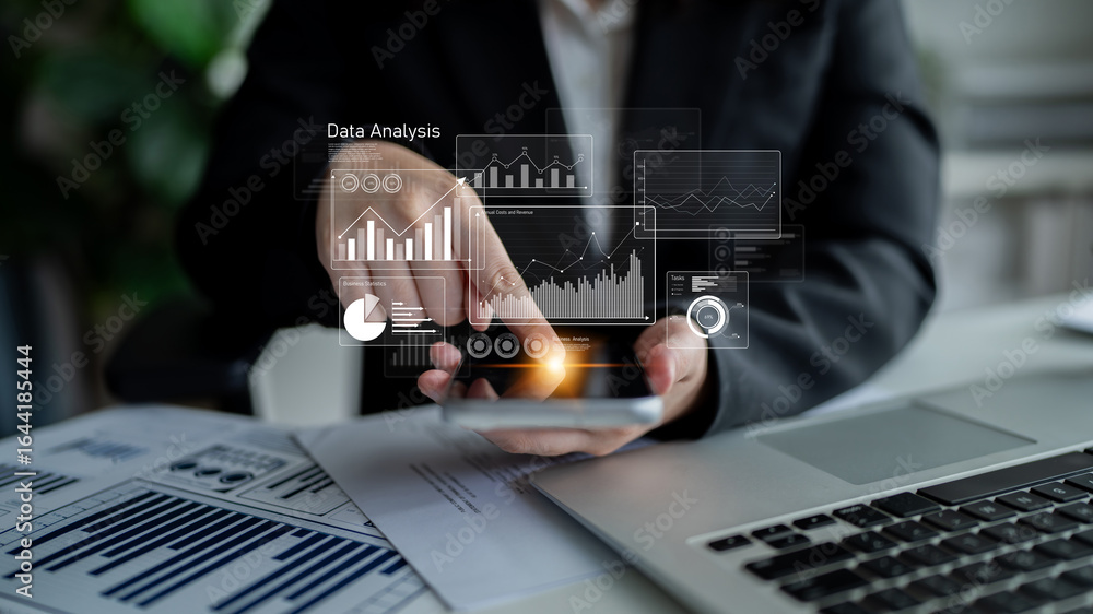 Poster business data analysis dashboard showing charts, statistics, and performance metrics for decision-ma