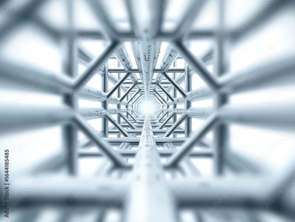 Poster a geometric view looking up through a series of interconnected steel beams, creating a tunnel-like p