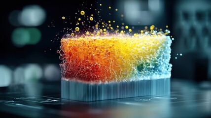 A vibrant, abstract representation of colorful bubbles and fluid dynamics, showcasing a spectrum of colors in a three-dimensional form.