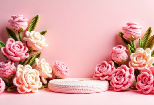 Empty Podium Decorated with Pink Crochet Flowers in Amigurumi Style