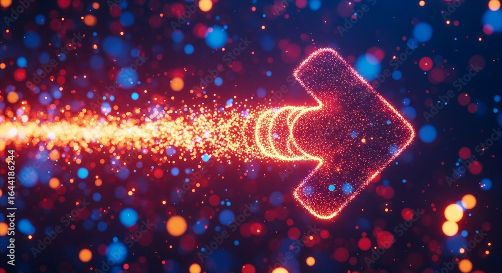 Poster glowing arrow moving right with particle trail and bokeh lights in a dark blue background