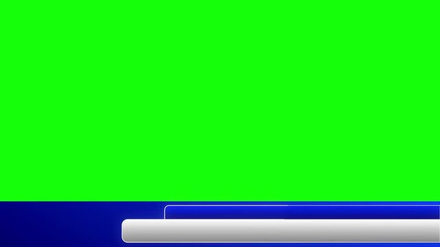 Lower third with blue rectangle scaling from center, white 3D bar sliding right to left, and blue bar rising. Outline glows and moves clockwise. Green screen, 4K, loop-ready.
