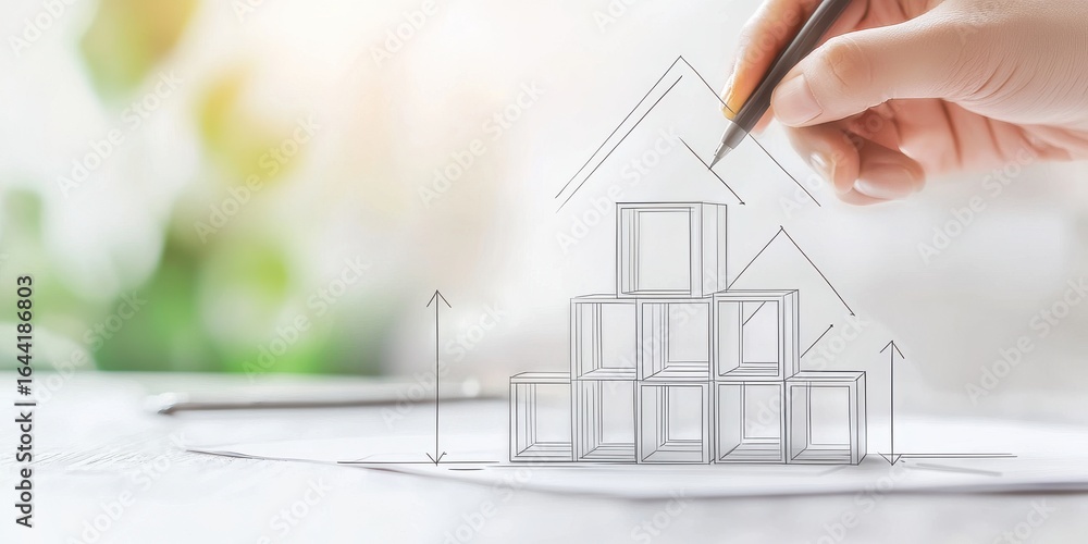 Poster engineer structural simulation concept. hand sketching a house design with geometric shapes and outl