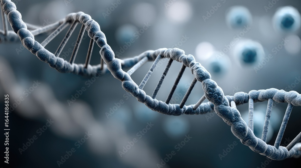 Poster close-up view of a dna double helix illuminated in soft blue tones, surrounded by cellular structure