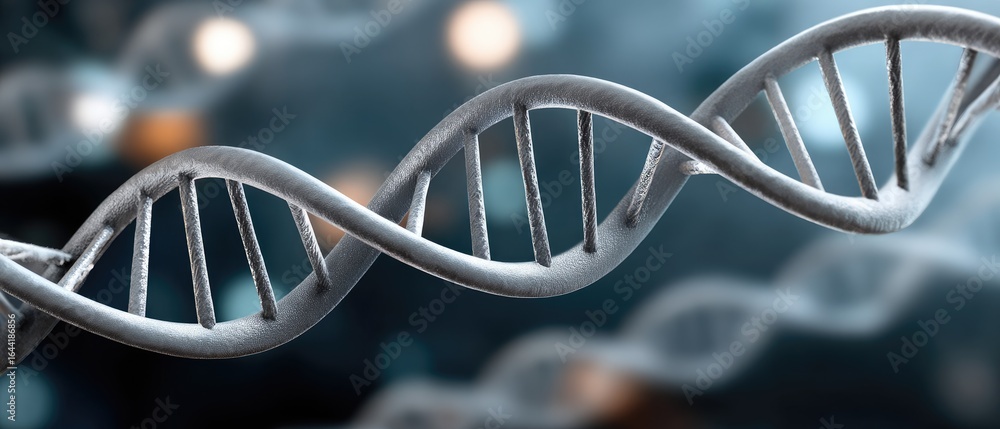 Poster close-up view of a dna double helix illuminated in soft blue tones, surrounded by cellular structure