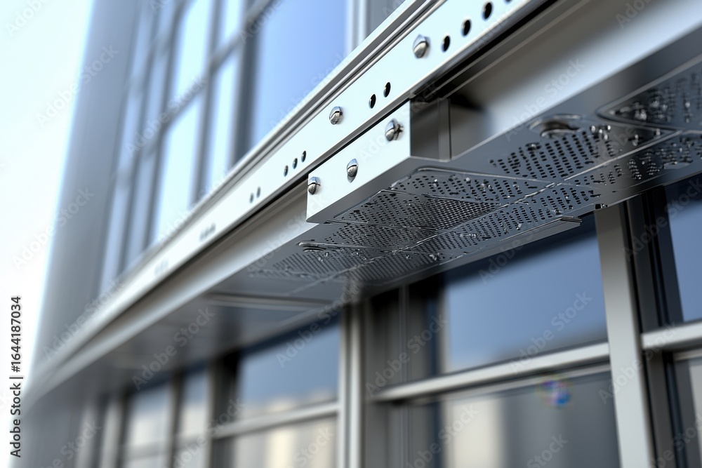 Poster engineer structural simulation concept. close-up of modern building structure with metal elements.