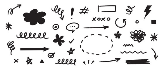 Marker and pencil scribble elements collection. Grunge hand drawn speech bubbles, icons, strokes, underlines, wave brush marks.Vector set isolated on white background.