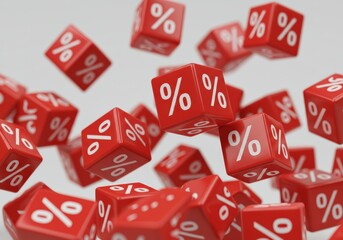 Floating red dice with white percentage symbols represent discounts and savings.