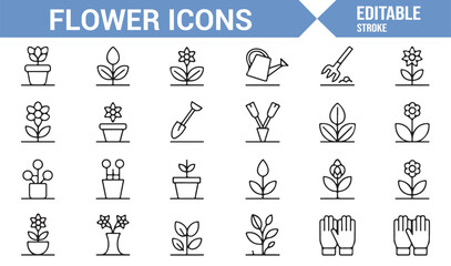 Nature Icons Set with Potted Plants, Gardening Hand Tools, and Flowers