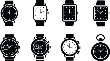 collection of eight different watch designs isolated on white background, representing time, fashion, and classic elegance in various styles