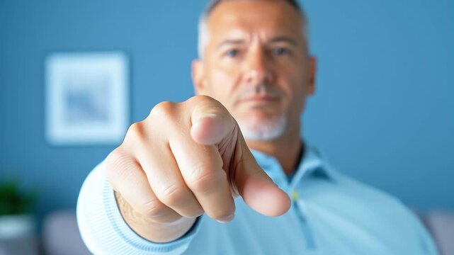 Serious businessman pointing his finger towards the camera, accusing the viewer of something, in a domestic environment with a sofa and frames on the wall in the background