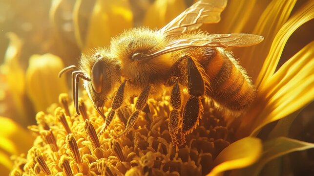 A close-up of a honeybee on a bright yellow sunflower, nature-focused and detailed