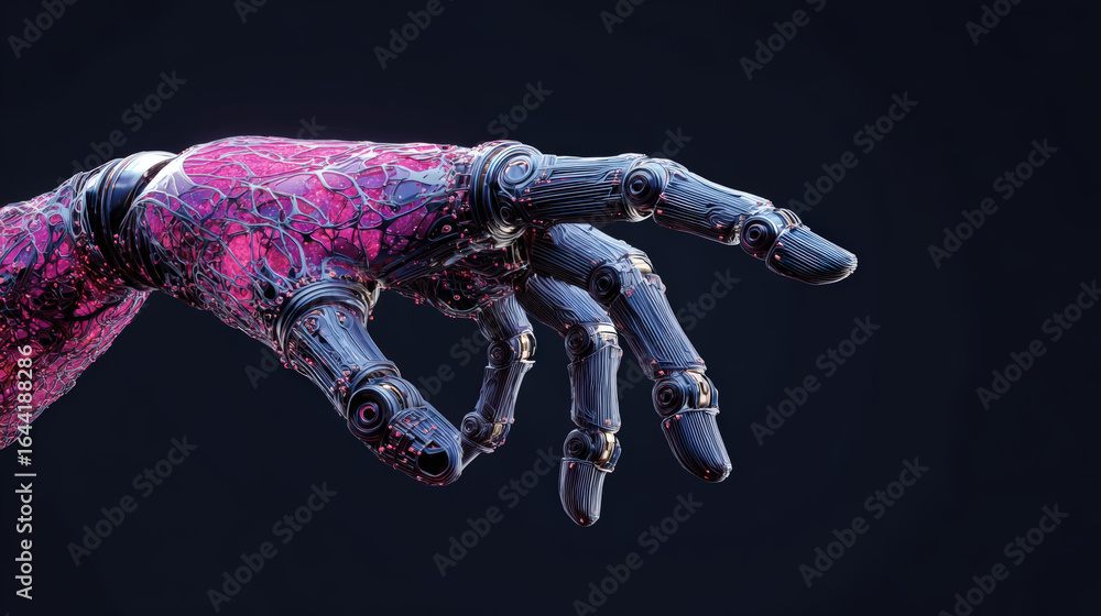 Poster futuristic robotic hand with intricate designs and vibrant color scheme, showcasing advanced technol