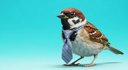 Dapper sparrow wearing a smart blue tie against vibrant blue background for a charming and quirky professional vibe for your next campaign
