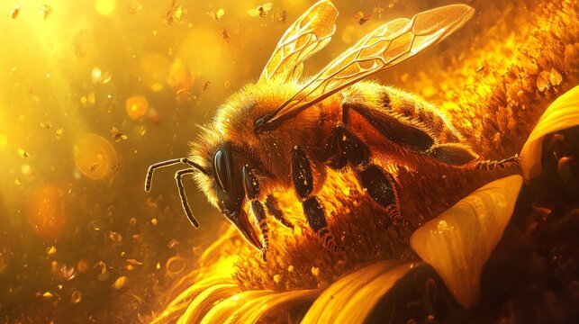 A close-up of a honeybee on a bright yellow sunflower, nature-focused and detailed - Powered by Adobe