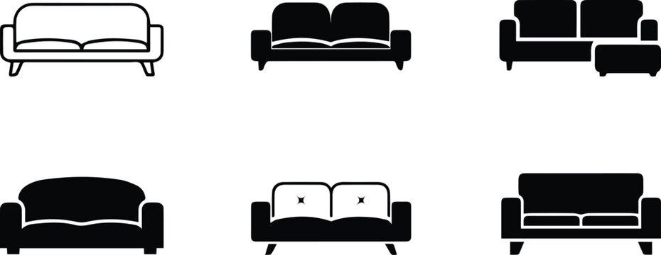  collection of sofa icons isolated on white background, showcasing various styles and designs for comfortable seating in living spaces