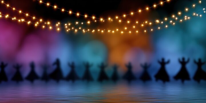 festive dance design, postcard with vibrant garba dancer silhouettes, luminous festive lights, and open central area for cheerful navaratri message