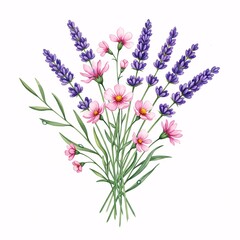 Obraz premium Watercolor Lavender and Pink Cosmos Bouquet, Floral Arrangement Illustration, Beautiful Spring Flowers Isolated on White Background