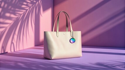 Stylish light pink leather tote bag with shimmering handle and charm against a pink and purple backdrop with palm leaf shadows