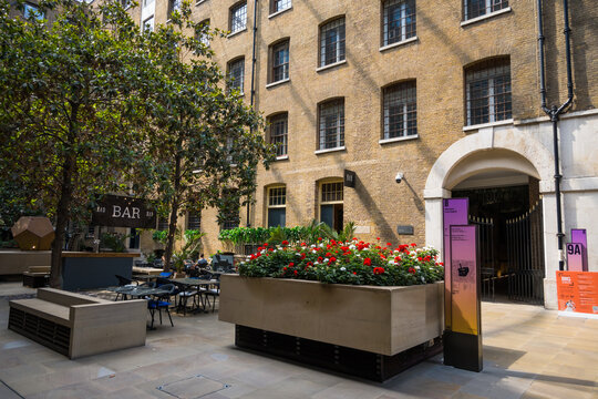 London, UK, August 10th 2025:DSQ or Devonshire Square, offers everything from commercial office space, bars, shops, gallery and  restaurants. This view is showing the Western Courtyard.