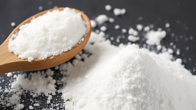 Pile of gluconolactone, close-up. Glucono Delta-Lactone, Pure GDL and wooden spoon. White powder, oxidized derivative of glucose. Texture of food additive E575. 4K video.