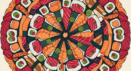 Fototapeta premium Vibrant mandala of fresh sushi and sashimi rolls bursting with flavor, perfect for culinary promotions and Japanese cuisine lovers