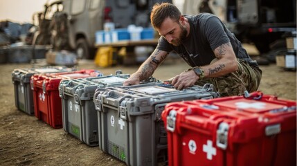 Disastermedicine logistician unpacking trauma kits from large field hospital boxes main figure sharp against outoffocus chaotic field environment.