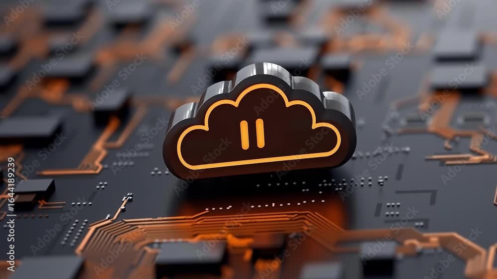 Poster glowing pause symbol hovering within cloud shaped silhouette, visualizing temporary interruption in 