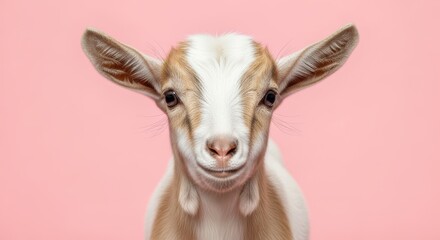 Fototapeta premium Portrait of a cute baby goat on pink background, close up shot