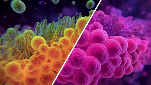 Diagonal split-screen macro of vibrant healthy and dysbiotic gut microbiome, revealing contrasting bacterial communities