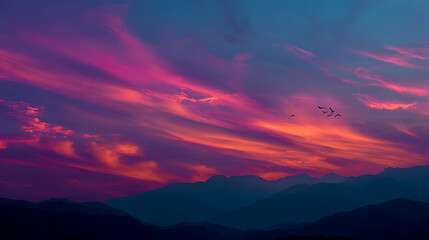 Obraz premium Vibrant twilight sky with silhouetted mountains and soaring birds clouds sunset