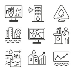 Urban Water Icons. Line style icons of smart cities and urban water data: urban water dashboard, smart building water use, leak