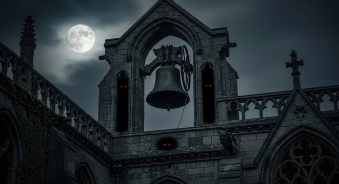 Eerie Bell Tower Under a Full Moon