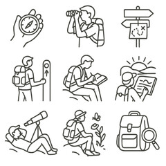 Exploration Line Icons. Line style icons of exploration and discovery with backpacks: compass in hand icon, backpacker with