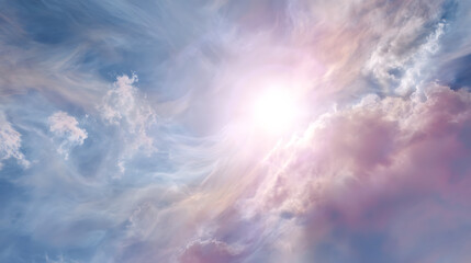 Obraz premium Radiant sunbeams illuminating wispy clouds with soft pink and blue hues sunlight dawn