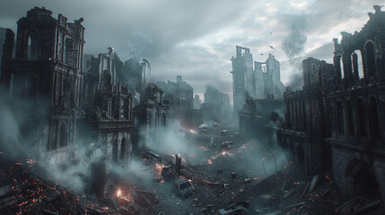 A zombie horde in a ruin city.