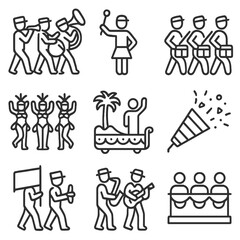 Parade Line Icons. Line style icons of parade and marching festivals: marching band line, baton twirl icon, drumline squad,