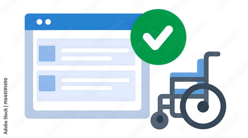 Poster accessible web application interface design: wheelchair icon with a checklist on a blue and white we