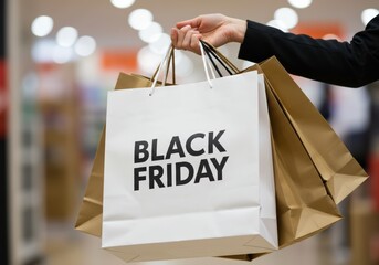 Someone is holding shopping bags that say black friday, representing deals and sales during the shopping holiday.