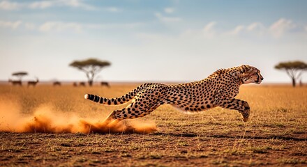 A cheetah in full stride across a savanna landscape, kicking up dust.
