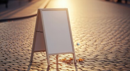 Blank AFrame Sign on Cobblestone Street at Sunset.