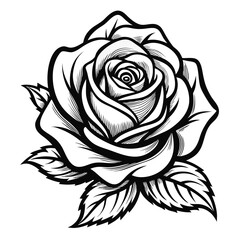 Black and white detailed drawing of a rose with multiple leaves flower