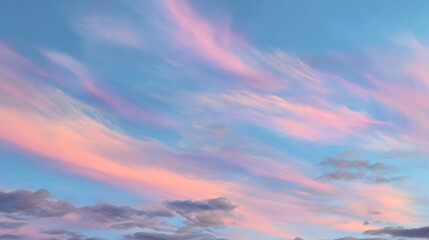 Fototapeta premium Wispy pastel clouds paint the sky in delicate hues of pink and blue during twilight sunset dusk